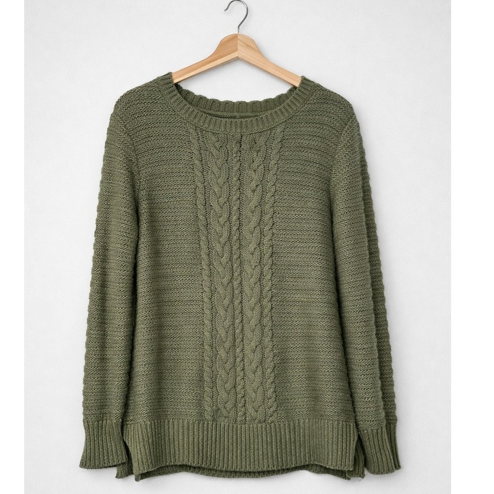 Downeast Women Olive Green Cable Knit Sweater Crew Neck Pullover Size L Cottage